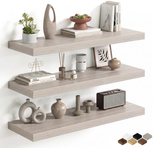 36 Inch Floating Shelves for Wall, 12 Inch Deep Shelves for Bedroom, Kitchen, Bathroom Wall Mounted, Rustic Wood Floating Shelf with Invisible Brackets for Books, Storage, Decor, Gray, 3 Pack