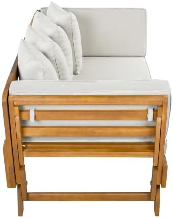 Merax Outdoor Patio Daybed Sofa,3-Seat Sofa with Foldable Arm 4 Back Pillows,Teak Acacia Wood Frame Beige Removable Cushion,Teak+ Beige