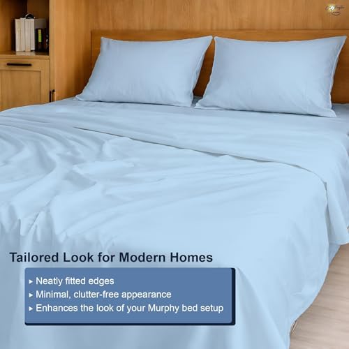 Cottington Lane Sky Blue Sheets for Murphy Bed Mattress, 4 Piece Premium Ultra Soft Brushed Microfiber California King Size Wall Bed Sheet Set, 6-10 Inch Deep Pocket with All-Around Elastic
