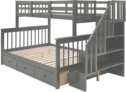 MERITLINE Twin Over Full Convertible Bunk Bed with Storage Stairs and Drawers,Solid Wood Detachable Bunk Bed with Storage Shelves for Adults,No Box Spring Needed (Grey)