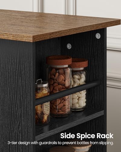 Kitchen Island Cart with Storage, Bar Cart with Charging Station, Kitchen Island on Wheels, Rolling Mobile Table with Cabinet, 3 AC Outlets, Black and Walnut MZD04UBL