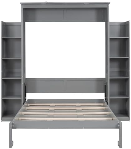 MERITLINE Full Murphy Bed with Storage Shelves and LED Lights, Wood Murphy Wall Bed Cabinet with Bookshelves Bookcase for Home Office Library Grey (Grey A,Full)