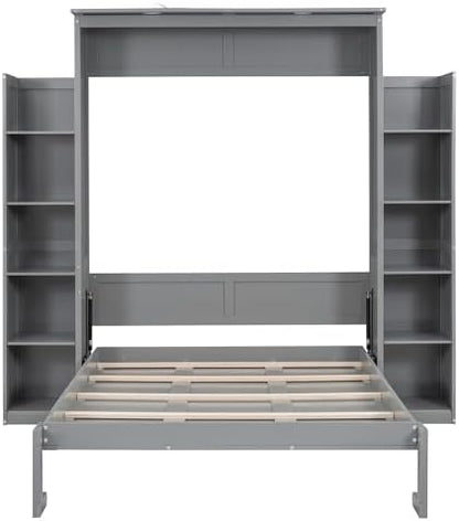 MERITLINE Full Murphy Bed with Storage Shelves and LED Lights, Wood Murphy Wall Bed Cabinet with Bookshelves Bookcase for Home Office Library Grey (Grey A,Full)