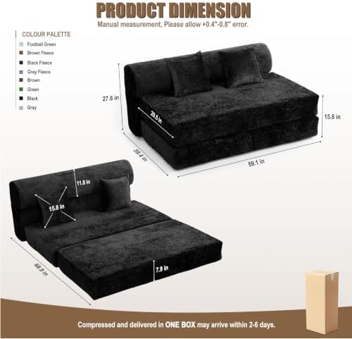 59.1" Convertible Sofa Bed, Trifold Boneless Couch for Living Room