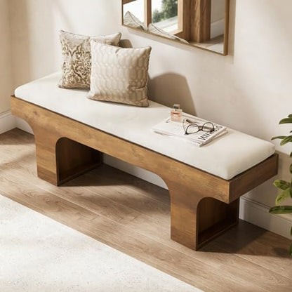 LITTLE TREE 55.2" Dining Bench with Linen Cushion, Farmhouse Entryway Bench