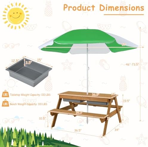 HONEY JOY Kids Picnic Table, 4 in 1 Cedar Wooden Sand & Water Table w/ 2 Removable Box & Umbrella, Kids Picnic Tables for Outdoors Backyard Garden, Toddler Patio Furniture Set for Boys Girls(Natural)