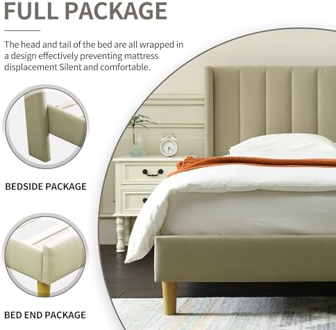YUHUASHI Full Bed Frame，Platform Bed with Upholstered Headboard，Beige
