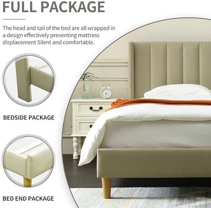 YUHUASHI Full Bed Frame，Platform Bed with Upholstered Headboard，Beige