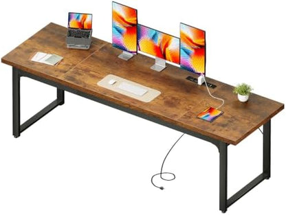 Coleshome 79 Inch Long Computer Desk with Power Outlet, Thicker Desktop & Legs, Large Heavy Duty Office Desk for Home Office & Gaming, Rustic Brown