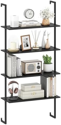 Tangkula 4-Tier Wall Mounted Bookshelf, Wooden Ladder Shelf, Black