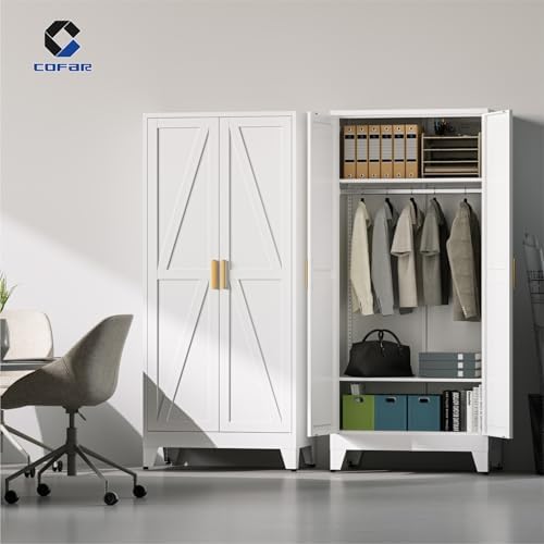COFaR 71'' Metal Wardrobe Closet, Bedroom Armoire Cabinet with Adjustable Hanging Rod and Shelves, 2 Doors Farmhouse Closet Storage for Garage Laundry, White Roperos para Guardar Ropa