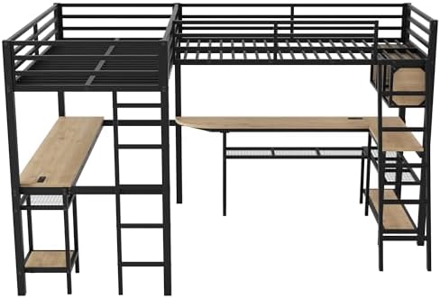 Twin Size L-Shaped Loft Bed with Desk and LED Lights, Black