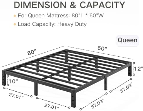 Queen Bed Frame, Heavy Duty 12" High Black Metal Platform Bed, Sturdy Steel, No Box Spring Needed, Noise-Free, Easy Assembly