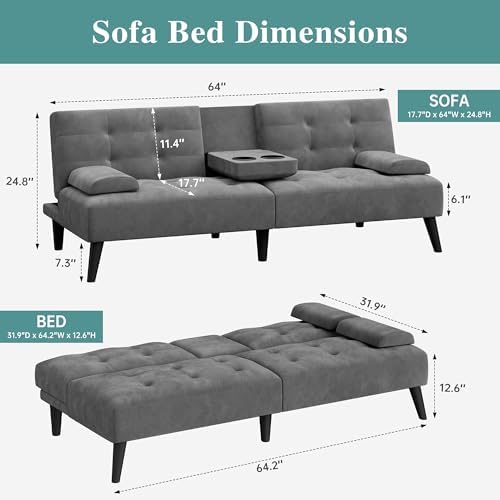 64" Futon Sofa Bed, Small Couch with 2 Cup Holders, Grey