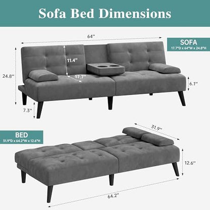 64" Futon Sofa Bed, Small Couch with 2 Cup Holders, Grey