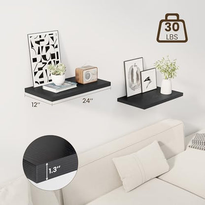 Dreamland 24" Floating Shelves for Wall, 12" Deep Slim Black Floating Shelves, Wall-Mounted Shelves for Bedroom, Living Room, Kitchen, Bathroom - Set of 2