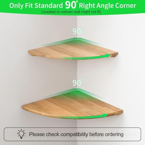 Corner Shelf, Solid Oak Wood Floating Corner Shelves Wall Mount Round End with Wire Hole for Small Plant Photo Frame for Bedroom Kitchen, Living Room