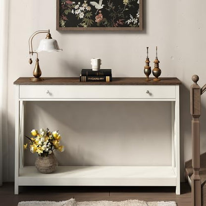 Treocho 47" Farmhouse Console Table with Drawer and Storage Shelves, Foyer Sofa Table Narrow for Entryway, Living Room, Hallway, Antique White & Brown