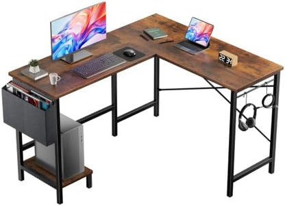 DUMOS L Shaped Computer Desk with PC Stand, Corner Workstation, Brown