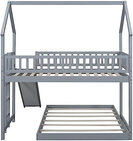 SOFTSEA Twin Over Full Bunk Bed with Slide and Built-in Ladder, Gray
