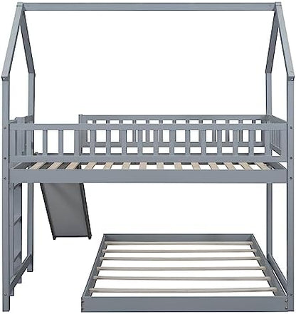 SOFTSEA Twin Over Full Bunk Bed with Slide and Built-in Ladder, Gray