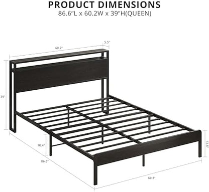 LIKIMIO Queen Bed Frame with 2-Tier Storage Shelf Headboard