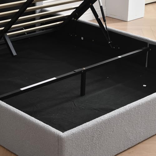 VELOCAVA Full Size Lift-Up Storage Bed, Modern Upholstered Boucle Bed with Curved Headboard, Gas Lift Platform, Sturdy Wooden Slat Support, No Box Spring Needed, Easy Assembly, Light Gray