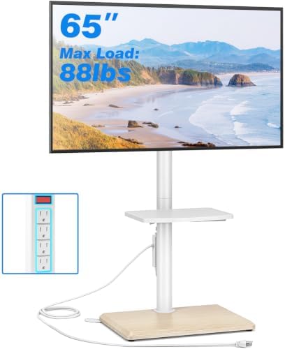 Rfiver Floor TV Stand with Power Outlet for 32-65 inch TVs up to 88 lbs, Swivel TV Mount Stand with Height Adjustment and Oak Wood Base for Bedroom, Office, Corner, Max VESA 400x400mm