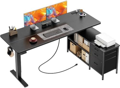 PRAISUN 55.1'' L Standing Desk with Outlets, Cabinet with Shelves, Drawers