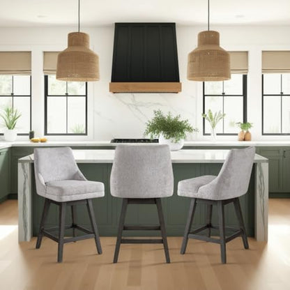 Armen Living Branson Gray Solid Wood Upholstered 26" Counter Height Swivel Barstool with Gray Fabric Seat - Set of 3