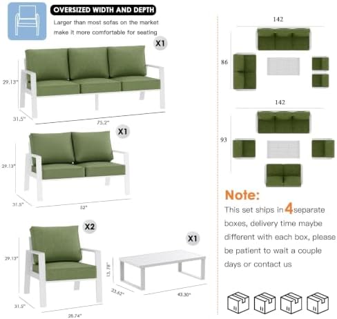 2 Pieces Aluminum Outdoor Armchair, Oversized Patio Couch, Modern Sofa All Weather Metal Furniture Set with 5" Cushions (White/Green)