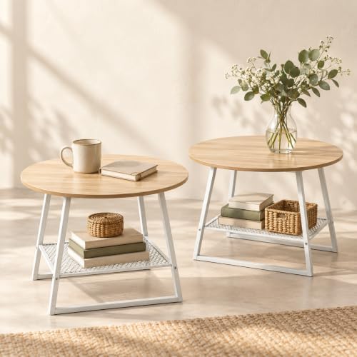 Lightdot 2‑Tier Round Side Table Set of 2, Walnut End Table with Mesh Shelf