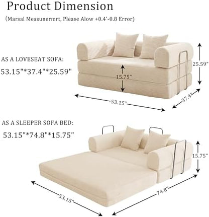 Futon Sofa Bed Modular Loveseat Sleeper Folding Pull Out Couch with Pillows, No Assembly Required Boneless Couch for Living Room Bedroom Guest Room (Beige, 53.15" Loveseat Sofa)