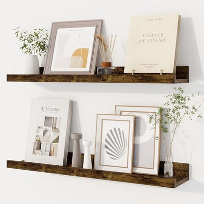 Dreamland Picture Ledge Shelf for Wall, Floating Shelves Set of 2,24 inch Long Floating Shelves with Lip for Living Room,Bedroom,Bathroom,Kitchen,Rustic Brown