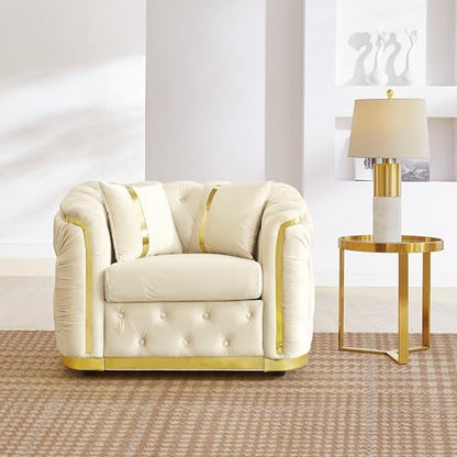 41" Luxury Oversized Velvet Chesterfield Sofa with 2 Pillow & Gold Stainless Decoration, Italian Modern Style 1-Seater Button Tufted Couch with Rolled Arms, Easy Assembly, for Living Room, Beige