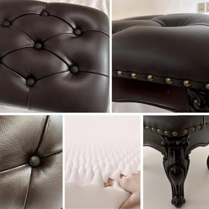 Leather Foot Stool,Vintage Footstools,Wooden Footrest,Upholstered Foot Rest for Living Room,Sofa,Entryway (Walnut)