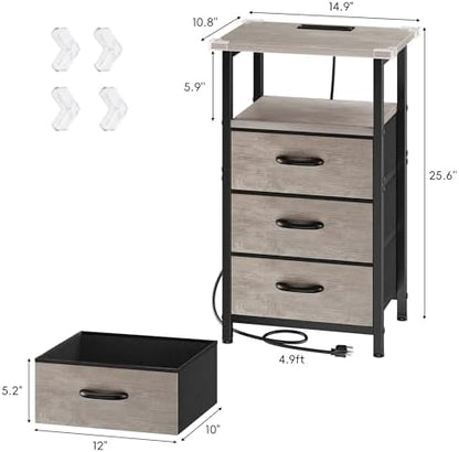 Nightstand with Charging Station, Bedside Table with USB Ports and Outlet, End Table Side Table with 3 Fabric Drawers and Storage Shelf, Bed Side Table Night Stand for Bedroom, Greige