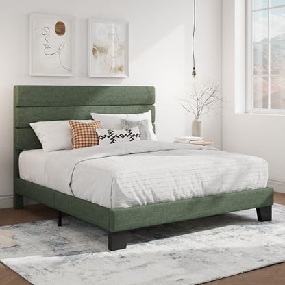 SHA CERLIN Queen Platform Bed Frame with Upholstered Fabric Headboard,Green