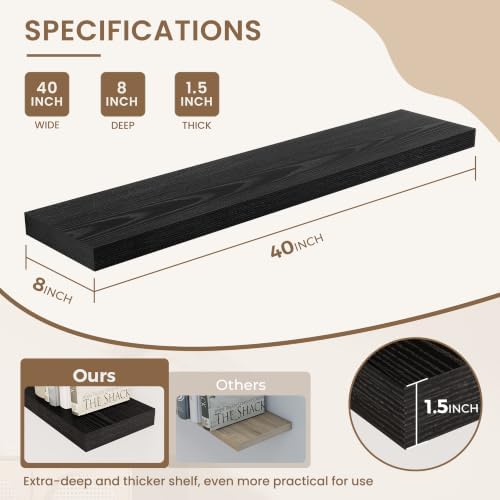 Dreamland 40 Inches Wall Mounted Wood Floating Shelves, Black, 2 Pack