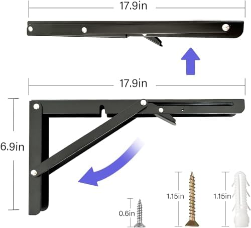 Folding Shelf Brackets,Wall Mounted Shelf Brackets,Heavy Duty Shelf Bracket,Black Metal Shelf Brackets for Bendable Table,Space Saving (18 Inch 6 Pcs)