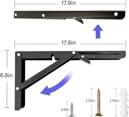 Folding Shelf Brackets,Wall Mounted Shelf Brackets,Heavy Duty Shelf Bracket,Black Metal Shelf Brackets for Bendable Table,Space Saving (18 Inch 6 Pcs)