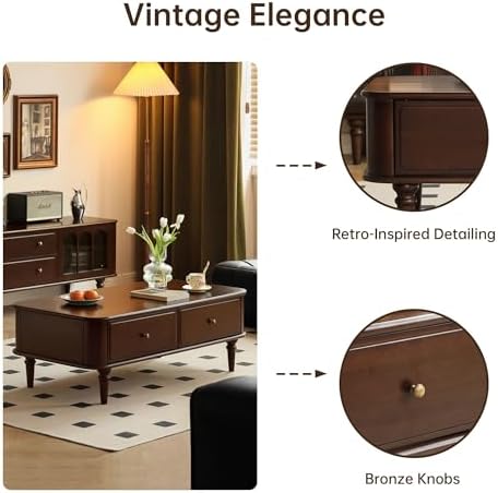 YESWOOD Solid Wood Coffee Table with Storage, 2 Drawer Center Table with Classic Column Legs, Retro Coffee Table with Vintage Detailings for Living Room, Home Office (Poplar Wood, Walnut Finish)
