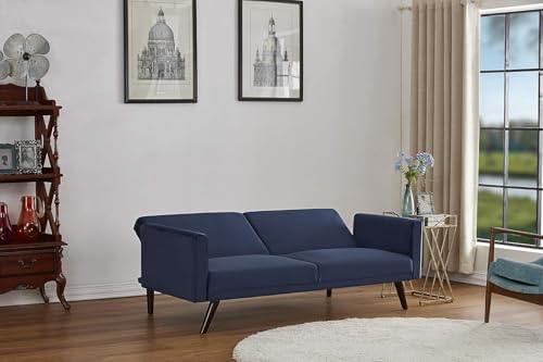 Container Furniture Direct 72 Inch Retro Convertible Futon Sofa Bed with Velvet Upholstery, Mid Century Modern 2-in-1 Sleeper Couch with Reclining Backrest, Solid Wood Frame, Dark Blue
