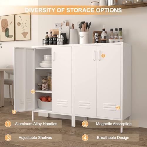 IRONFFICE Metal Cabinet Storage,Metal Cabinet with Doors and Shelves,2 Door Storage Cabinet for Living Room,Office,White