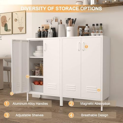 IRONFFICE Metal Cabinet Storage,Metal Cabinet with Doors and Shelves,2 Door Storage Cabinet for Living Room,Office,White