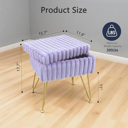 Vanity Stool Chair with Storage, Faux Fur Soft Padded Ottoman with Coffee Table, Modern Vanity Chair Fluffy Footstool with Metal Legs for Makeup, Living Room, Bedroom Purple