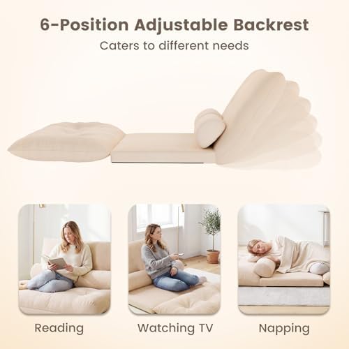 GIANTEX Adjustable Floor Sofa Couch with 2 Pillows, Multi-Functional 6-Position Foldable Lazy Sofa Sleeper Bed, Multi-Functional Suede Floor Seating for Reading Gaming (Beige)