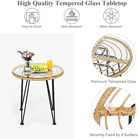 Tangkula 3 Pieces Patio Bistro Set, Rattan Conversation Set with 2 Cushioned Armchairs & Round Glass Coffee Table, Indoor Outdoor Wicker Furniture Set for Balcony, Backyard, Garden, Poolside