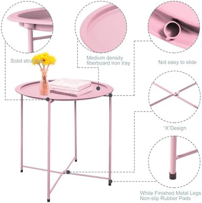 Garden 4 you End Table 2 PCS Metal Side Table Pink Round Folding Tray Cyan Sofa Small Accent Fold-able Table, Round End Table Tray, Next to Sofa Table, Snack Table for Living Room and Bed Room