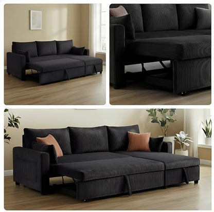 Queen Sleeper Sofa, Convertible Sofa Bed with Storage, 85 Inch Sectional Couch with Pull Out Bed, L Shaped 3 Seat Sectional Sleeper Sofa for Living Room, Apartment, Black